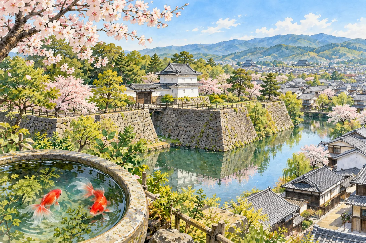 郡山城の石垣と城下町、金魚をイメージしたイラスト